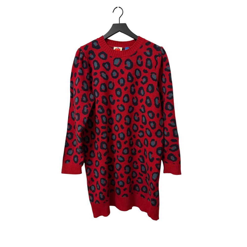 FARM Rio for Anthropologie Sweater Dress Red Animal Print Women L Large